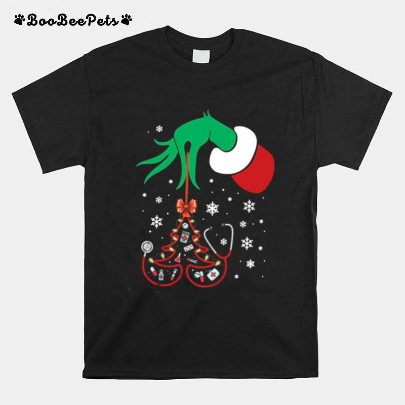 Hand Grinch Holding Tree Nurse Christmas T-Shirt