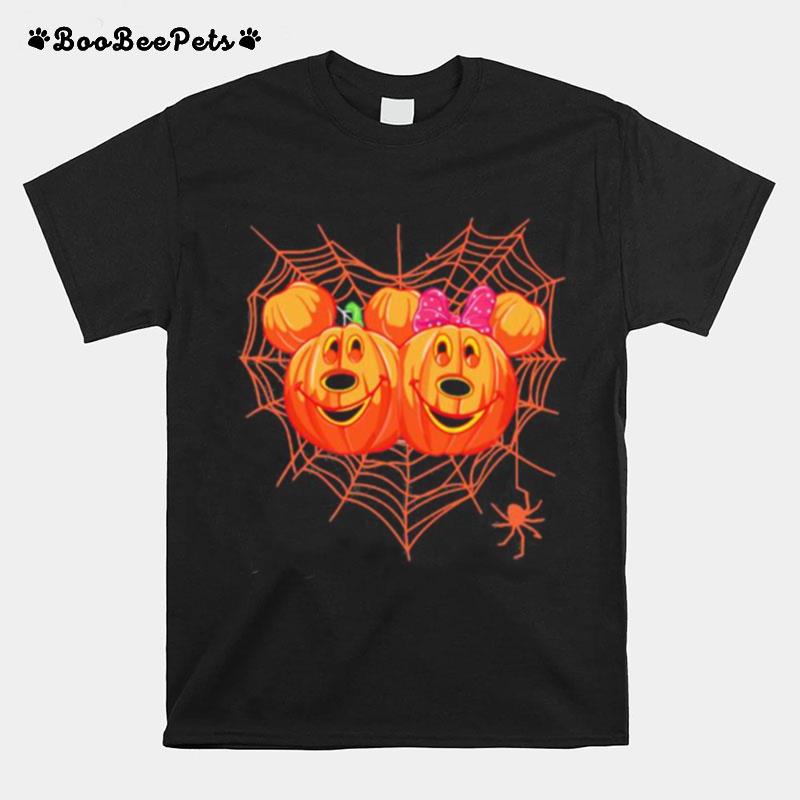 Happy Halloween Mickey And Minnie Mouse Pumpkins Heart Spiderweb T-Shirt