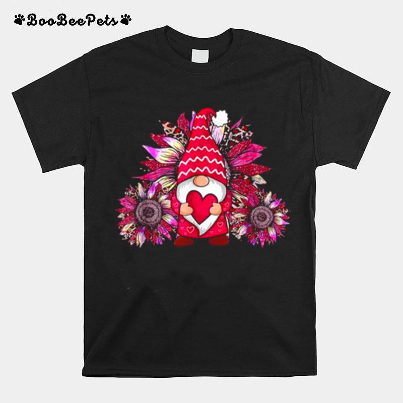 Happy Valentine Day Gnome With Leopard Sunflower Valentine T-Shirt