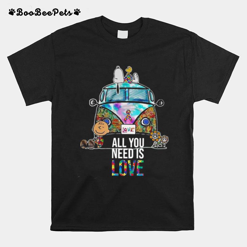 Hippie Bus Snoopy Charlie Brown All You Need Is Love Autism T-Shirt