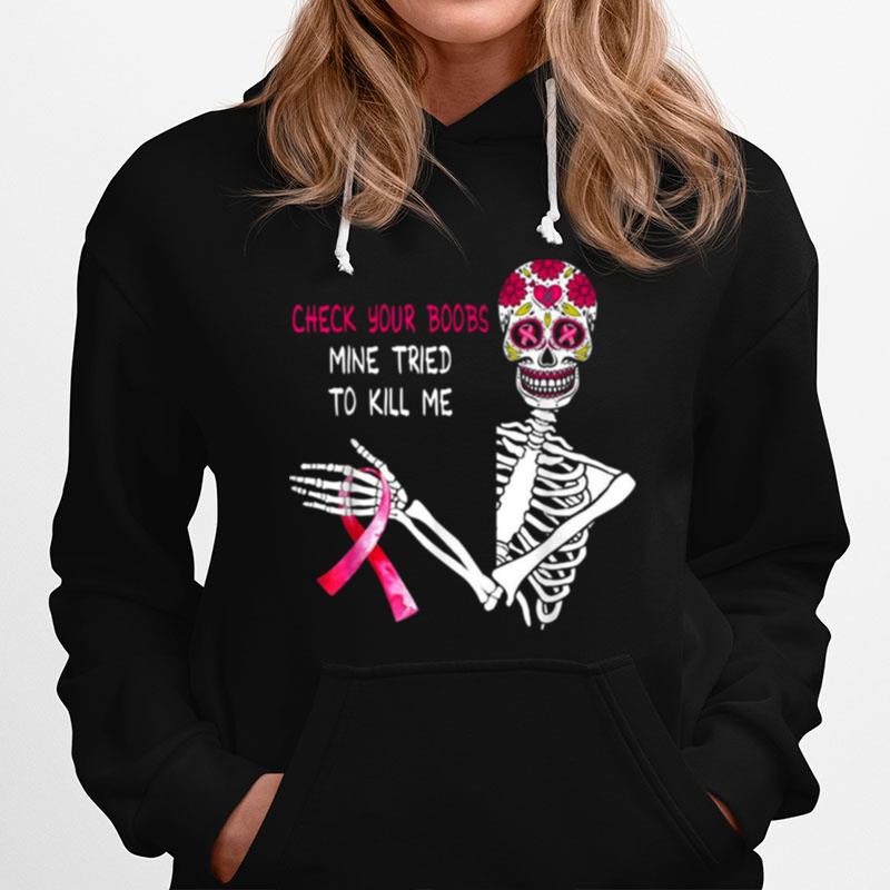 Hippie Skull Breast Cancer Pink Ribbon Check Your Boobs Hoodie