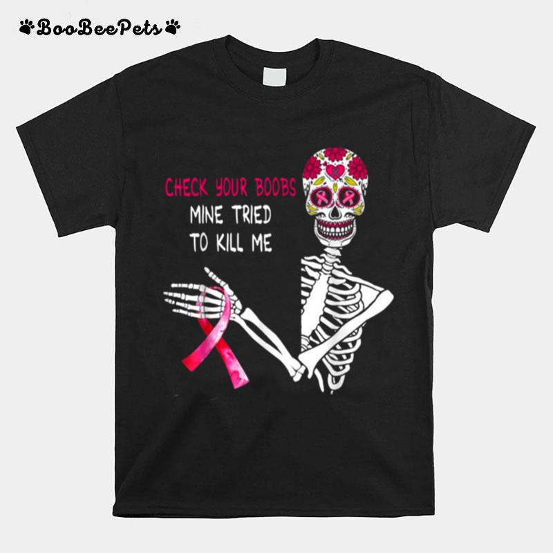 Hippie Skull Breast Cancer Pink Ribbon Check Your Boobs T-Shirt