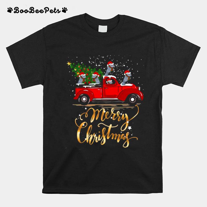 Hippopotamus With Red Truck Tree Merry Christmas T-Shirt