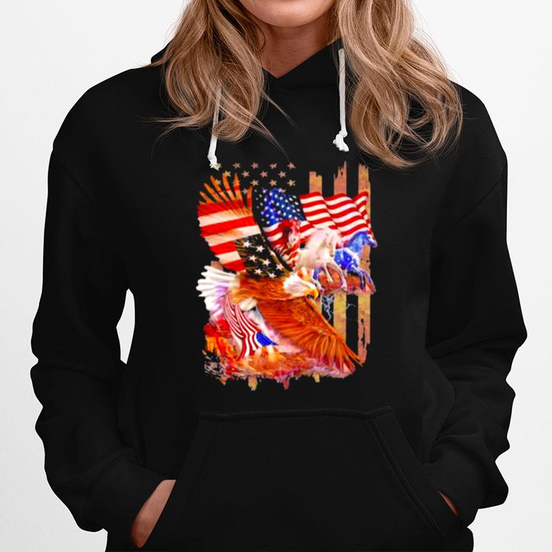 Horse Freedom And Eagle American Flag Hoodie