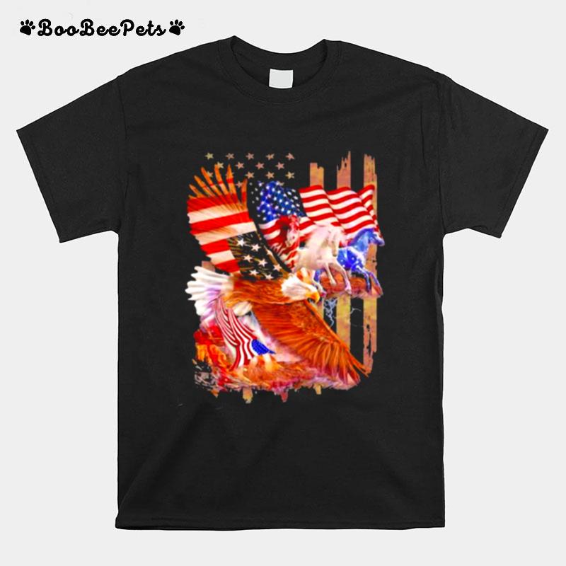 Horse Freedom And Eagle American Flag T-Shirt