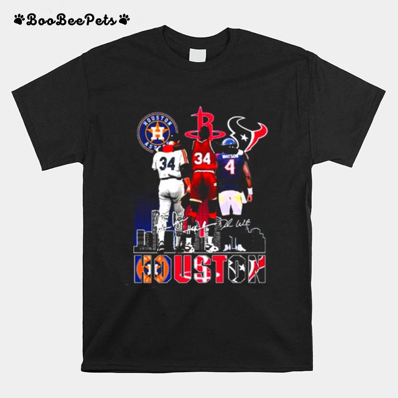 Houston Sport Team Nolan Ryans Hakeem Olajuwon And Deshaun Watson Signatures Skyline T-Shirt