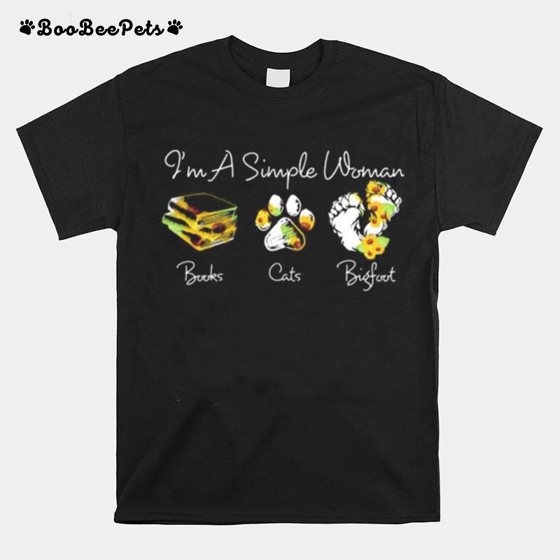 I%E2%80%99M A Simple Woman Books Paw Cats Bigfoot Leopard Sunflower T-Shirt
