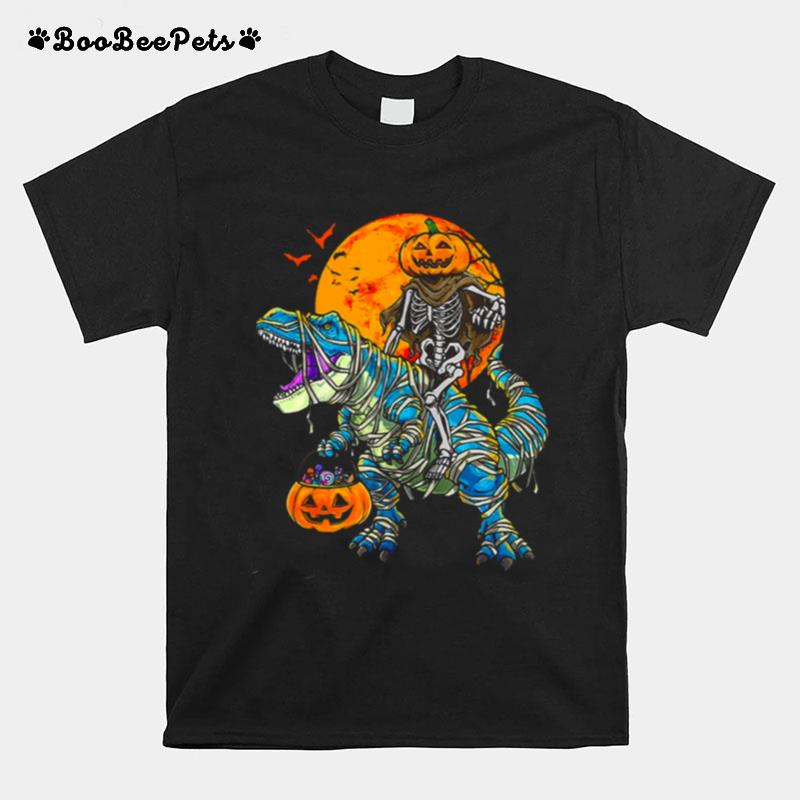 Jack O Lantern Skeleton Riding Mummy Dinosaur Halloween T-Shirt