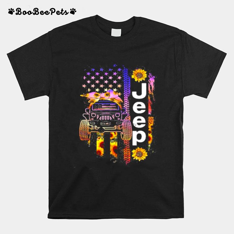 Jeep Wearing Sunflower Bandana Wheel Print American Flag T-Shirt