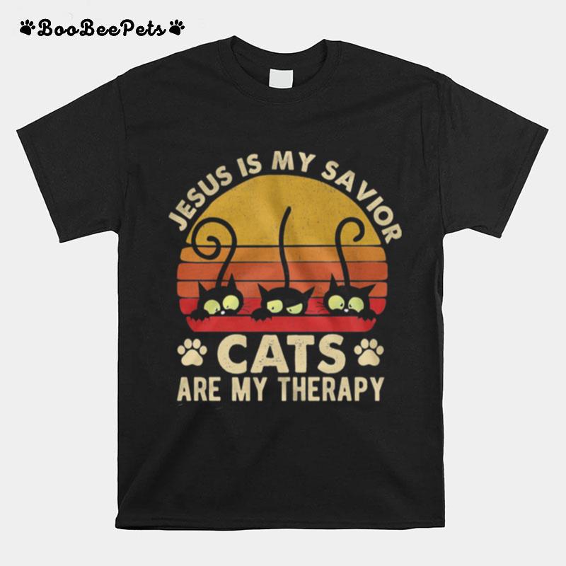 Jesus Is My Savior Cats Are My Therapy Vintage Retro T-Shirt