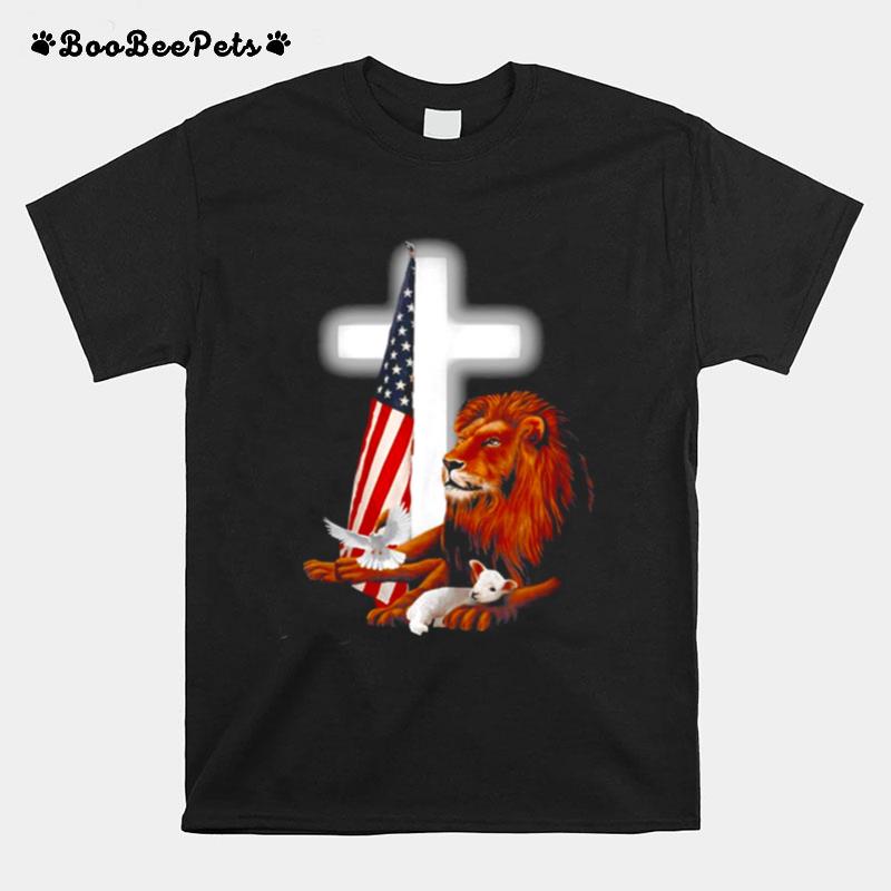 Jesus Usa Flag Lion And Lamb Cross T-Shirt