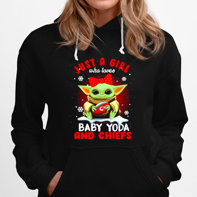 Just A Girl Who Loves Baby Yoda Wear Polka Dot Red Bow And Chiefs Ball Hoodie