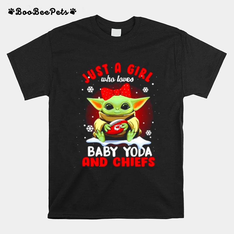 Just A Girl Who Loves Baby Yoda Wear Polka Dot Red Bow And Chiefs Ball T-Shirt