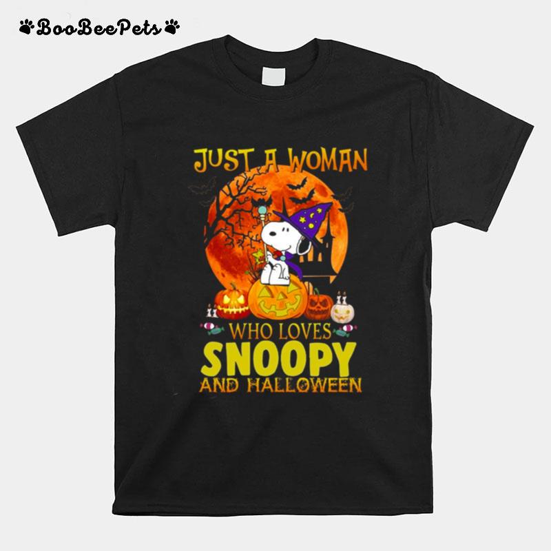 Just A Woman Who Lives Snoopy And Halloween Snoop Dog Autumn Pumpkins T-Shirt
