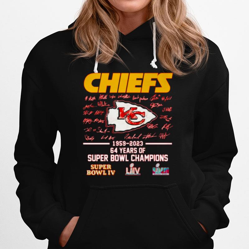 Kansas City Chiefs 1959 %E2%80%93 2023 64 Years Of Super Bowl Champions Super Bowl Iv Signatures Hoodie