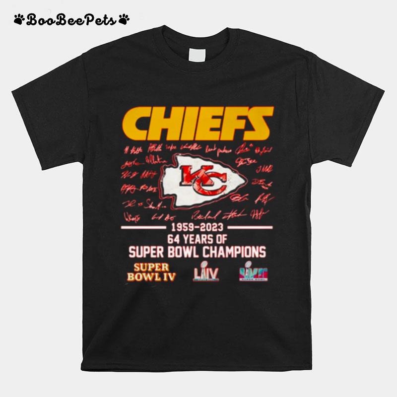 Kansas City Chiefs 1959 %E2%80%93 2023 64 Years Of Super Bowl Champions Super Bowl Iv Signatures T-Shirt