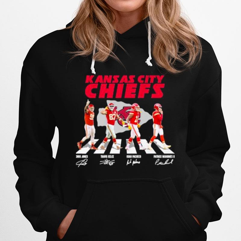 Kansas City Chiefs Chris Jones Travis Kelce Isiah Pacheco And Patrick Mahomes Ii Abbey Road Signatures Hoodie