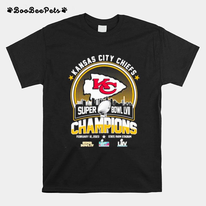 Kansas City Chiefs Skyline 3X Super Bowl Champions 2023 State Farm Stadium T-Shirt