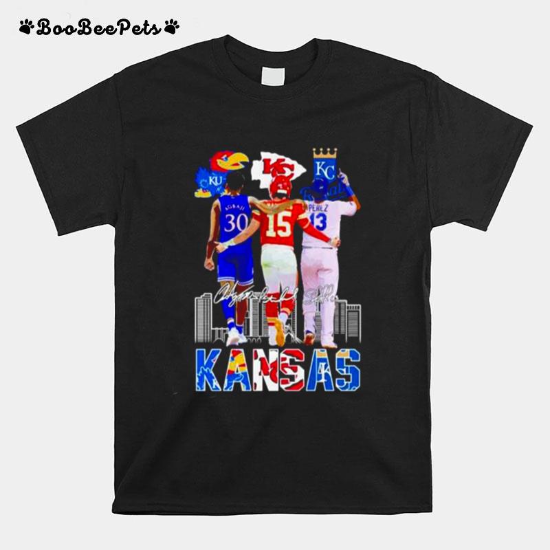 Kansas Jayhawks Ochai Agbaji Kc Chiefs Patrick Mahomes And Kc Royals Salvador Perez Together T-Shirt