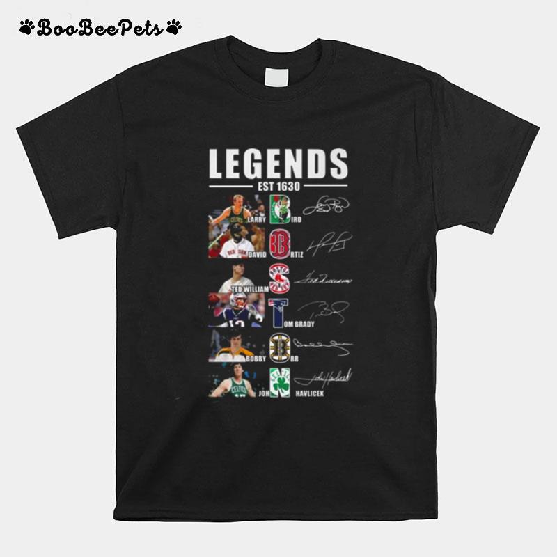 Legends Est 1630 Larry Bird David Ortiz Ted Williams And John Havlicek Signatures T-Shirt