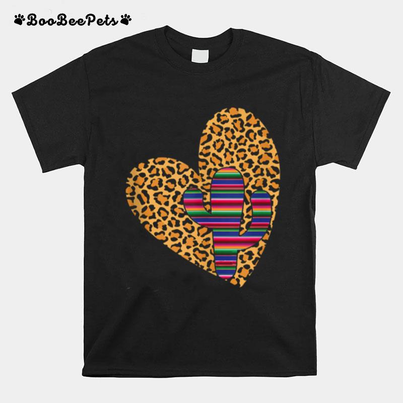 Leopard Heart Cactus Serape Cactus Print Turquoise T-Shirt