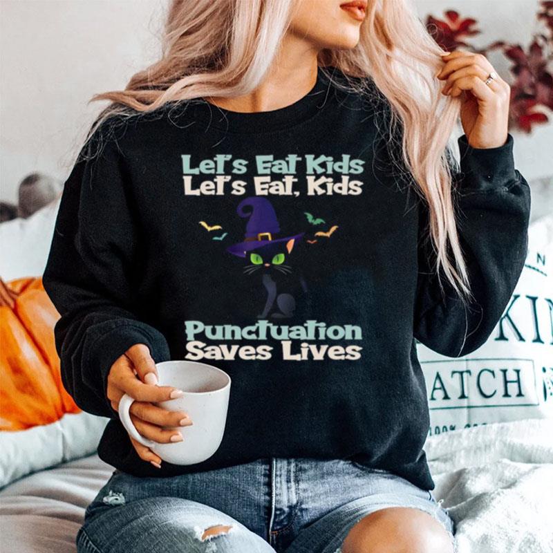Lets Eat Kids Funny Cut Cat Witch Grammar Halloween Sweater