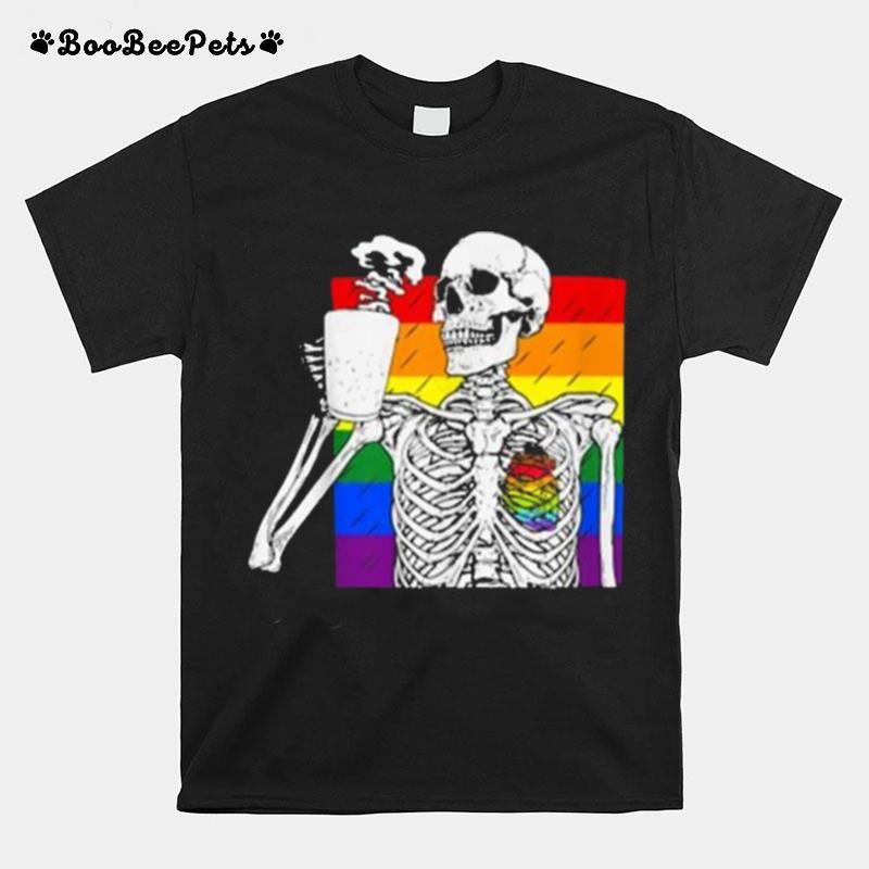 Lgbt Skeleton Drink Coffee Gay Lesbian Pride Rainbow Human Heart T-Shirt