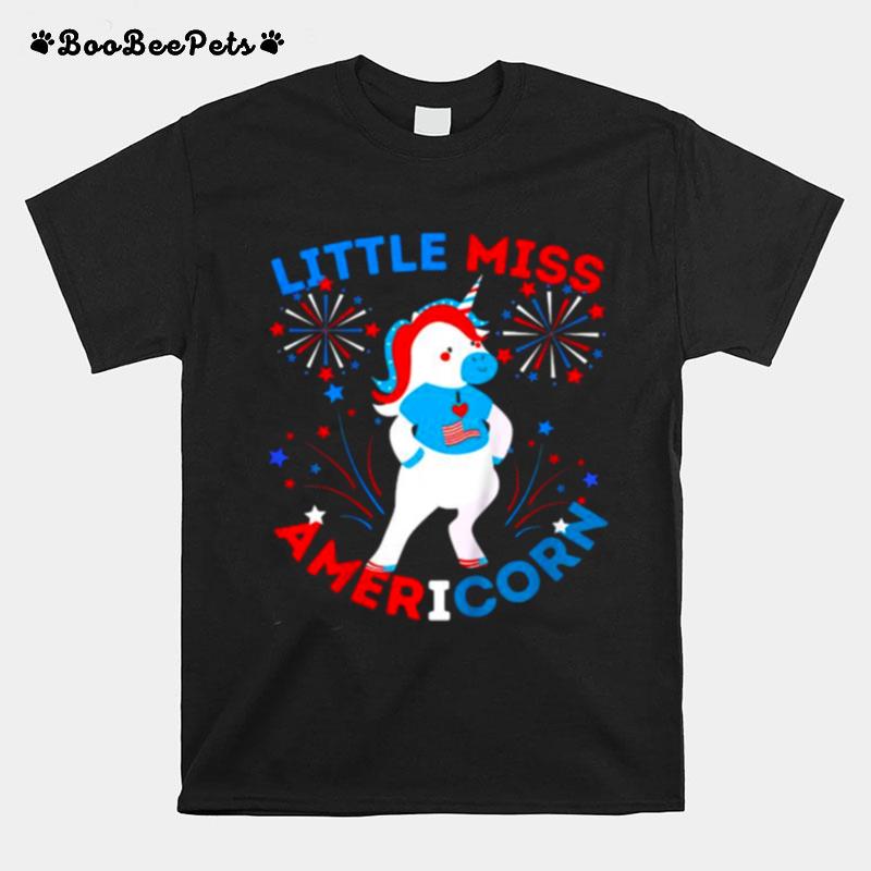 Little Miss Americorn Girls 4Th Of July Unicorn Fun T-Shirt