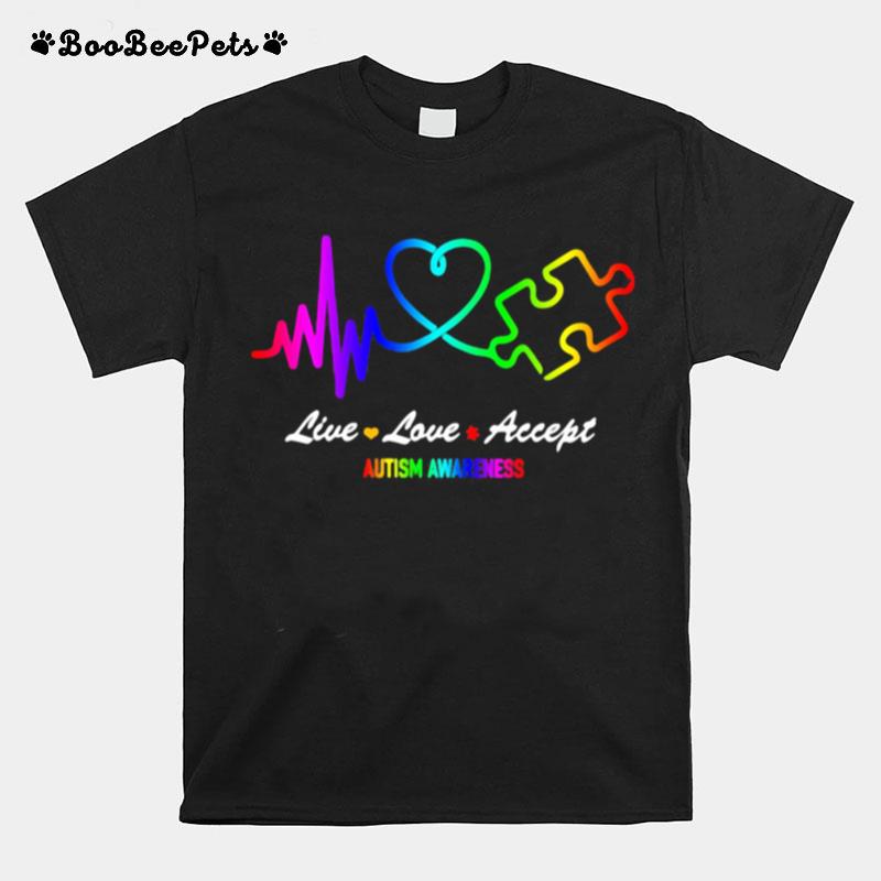 Live Love Accept Autism Awareness Heart Beat T-Shirt