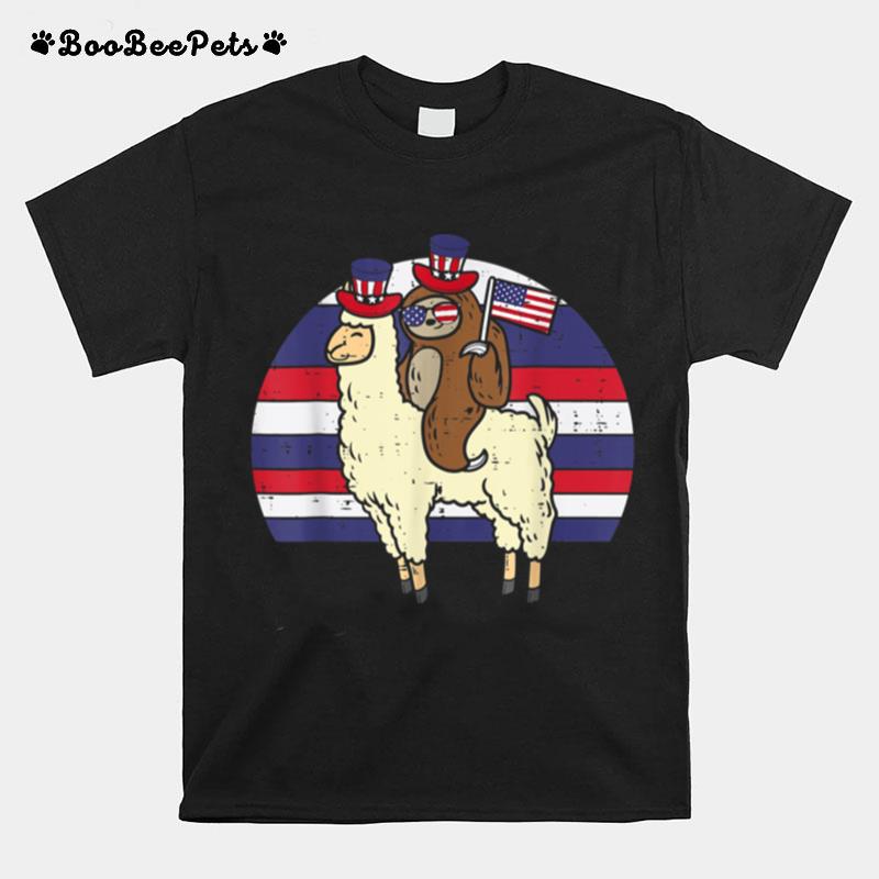 Llama Riding Sloth American Flag Usa Cute 4Th Of July Fourth T B09Znzc967 T-Shirt