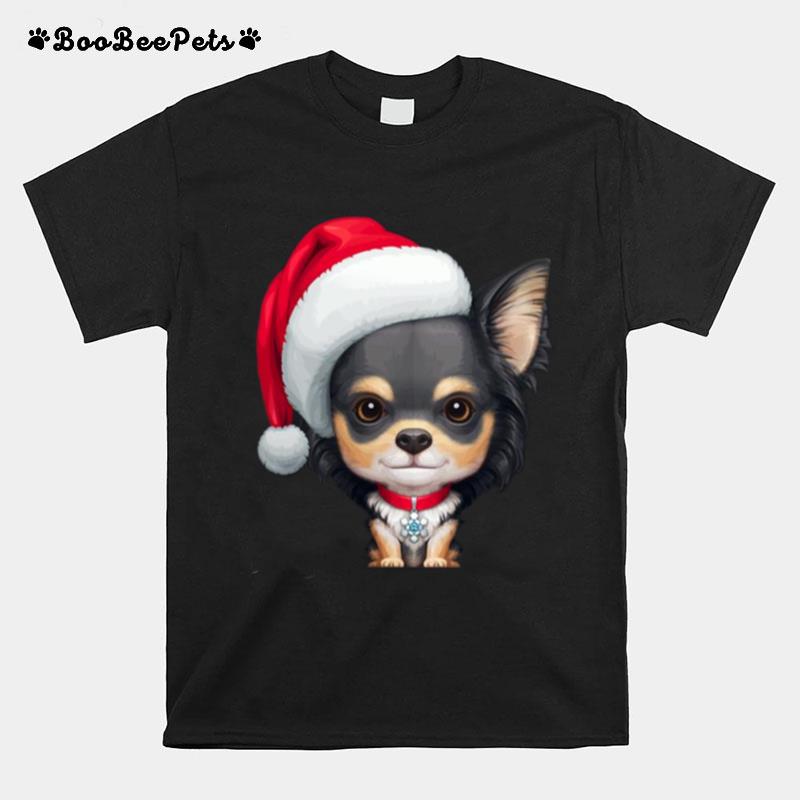 Long Coat Tricolor Chihuahua Dog Wearing Santa Hat T-Shirt