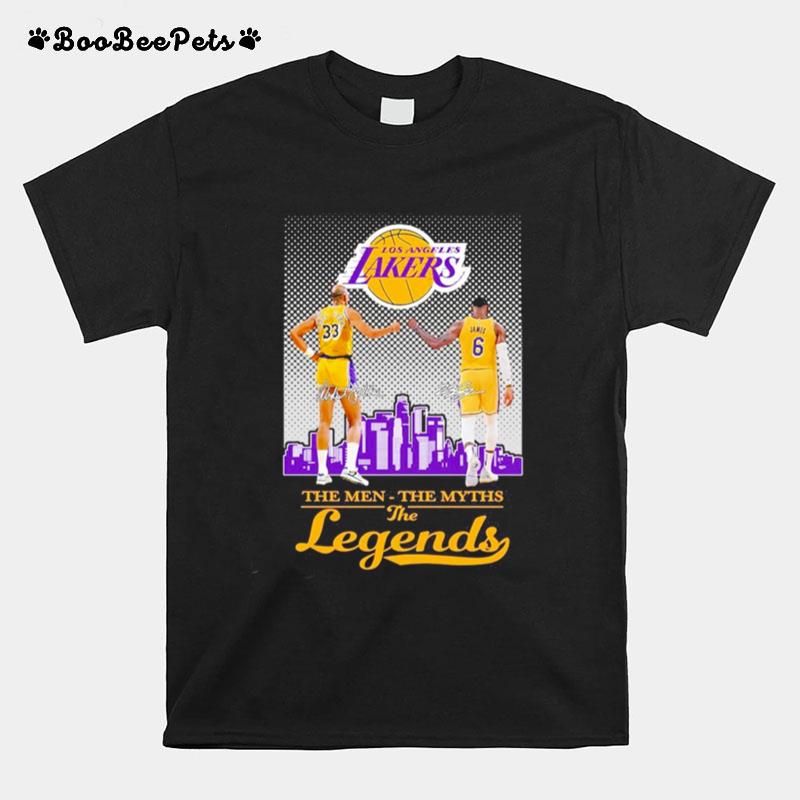 Los Angeles Lakers Abdul Jabbar And Lebron James The Men The Myth The Legends Signatures T-Shirt