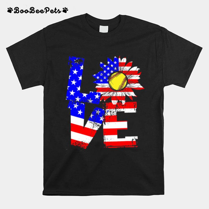 Love Sunflower Baseball American Flag T-Shirt