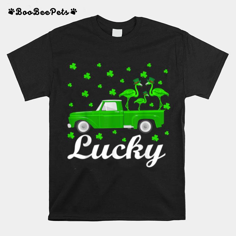 Lucky Flamingo Riding Green Truck Flamingo St Patricks Day T-Shirt