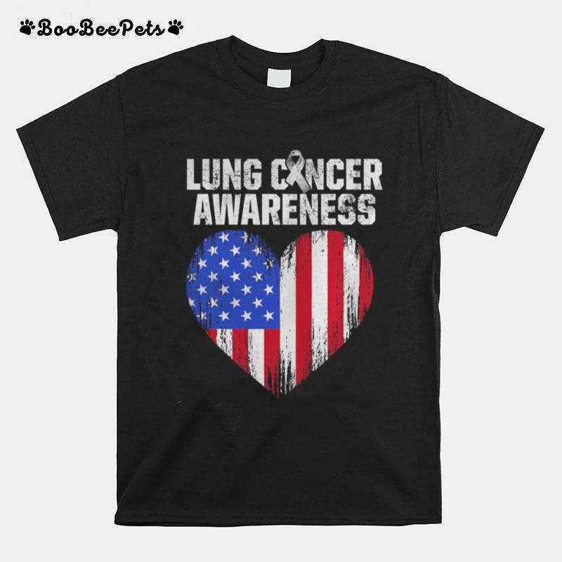 Lung Cancer Awareness Heart American Flag T-Shirt