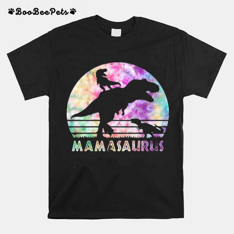 Mamasaurus Tie Dye Sunset Funny Dinosaur Mother Of 2 Kids T-Shirt