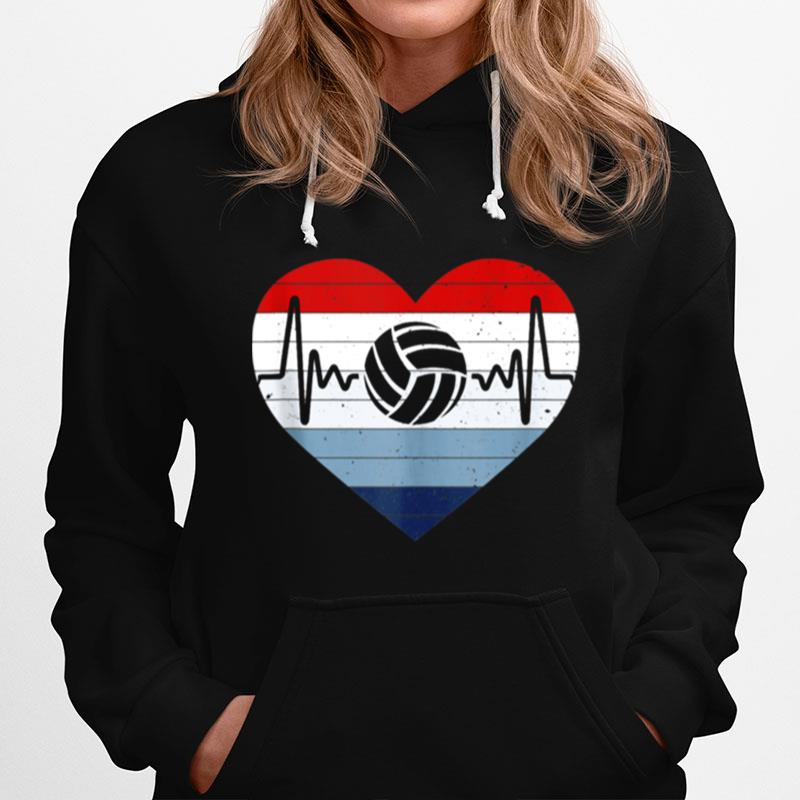 Mens I Love Volleyball Red White Blue Vintage Heart Heartbeat Hoodie