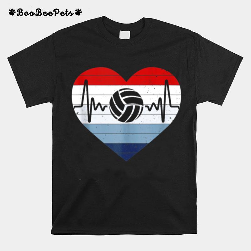 Mens I Love Volleyball Red White Blue Vintage Heart Heartbeat T-Shirt