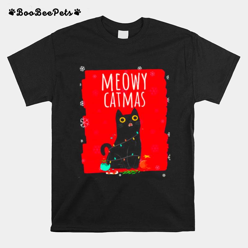 Meowy Catmas Christmas Christ Lights Funny Festive Cat T-Shirt