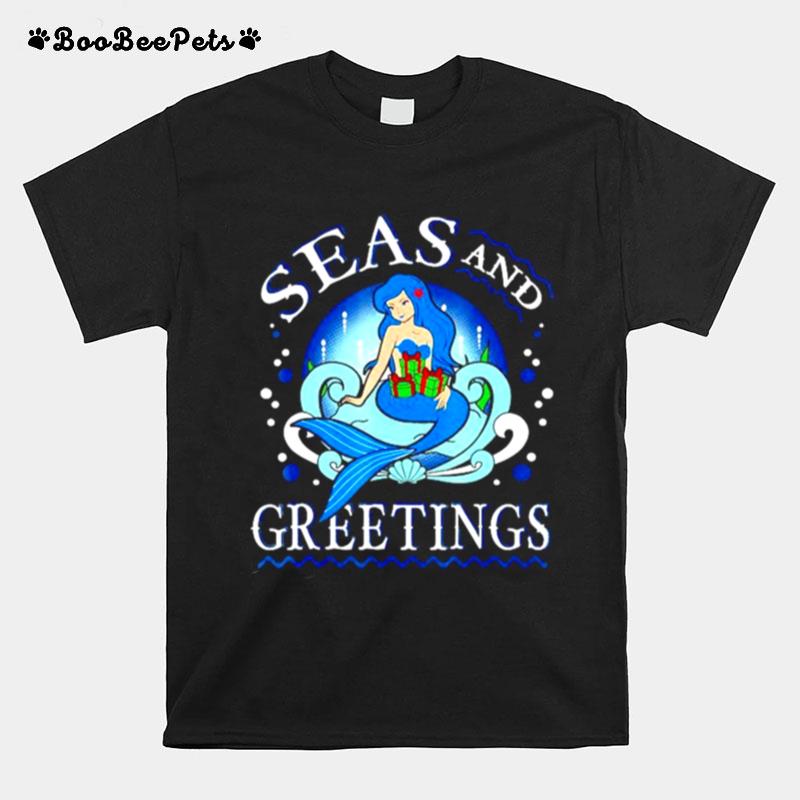 Mermaid Seas And Greetings Christmas T-Shirt