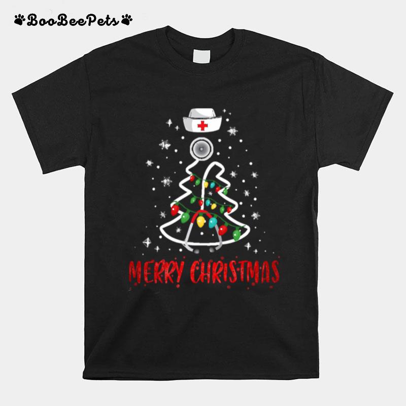 Merry Christmas Nurse Stethoscope Tree Lights Gift T-Shirt