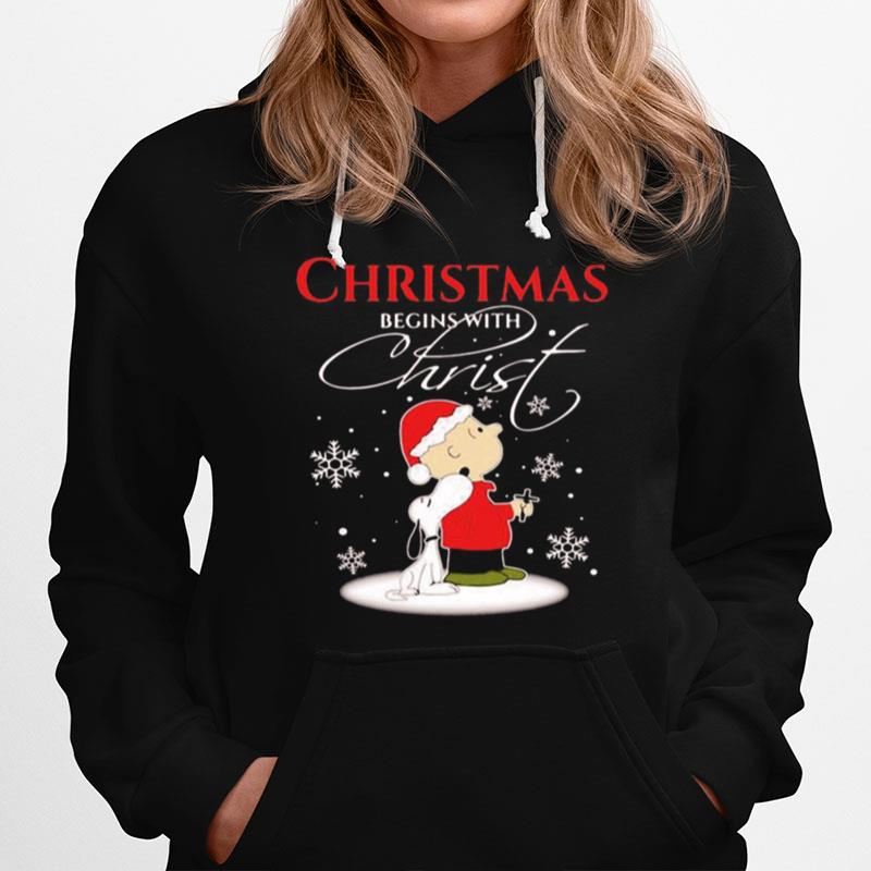 Merry Christmas Snoopy And Charlie Brown Begins With Christ Hoodie