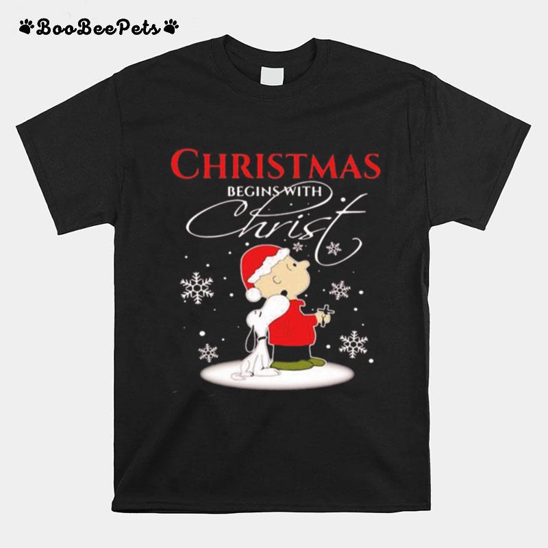 Merry Christmas Snoopy And Charlie Brown Begins With Christ T-Shirt