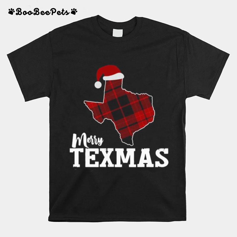 Merry Texmas Texas Xmas State Outline With Santa Hat T-Shirt