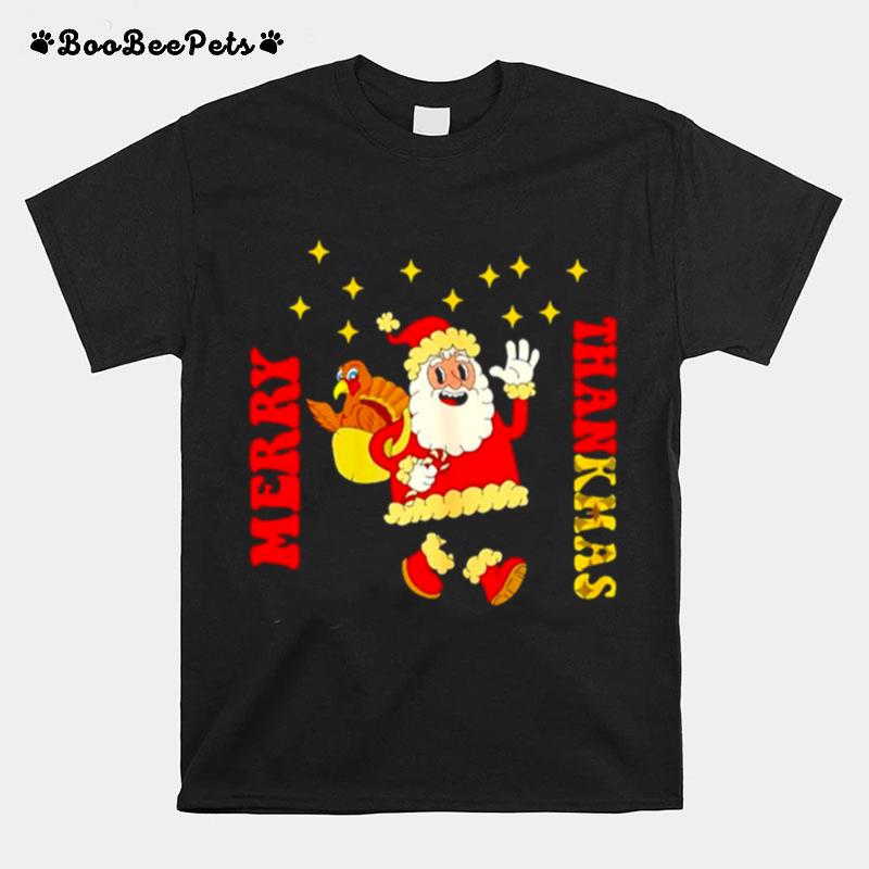 Merry Thanksmas Santa And Turkey Thanksgiving Christmas T-Shirt
