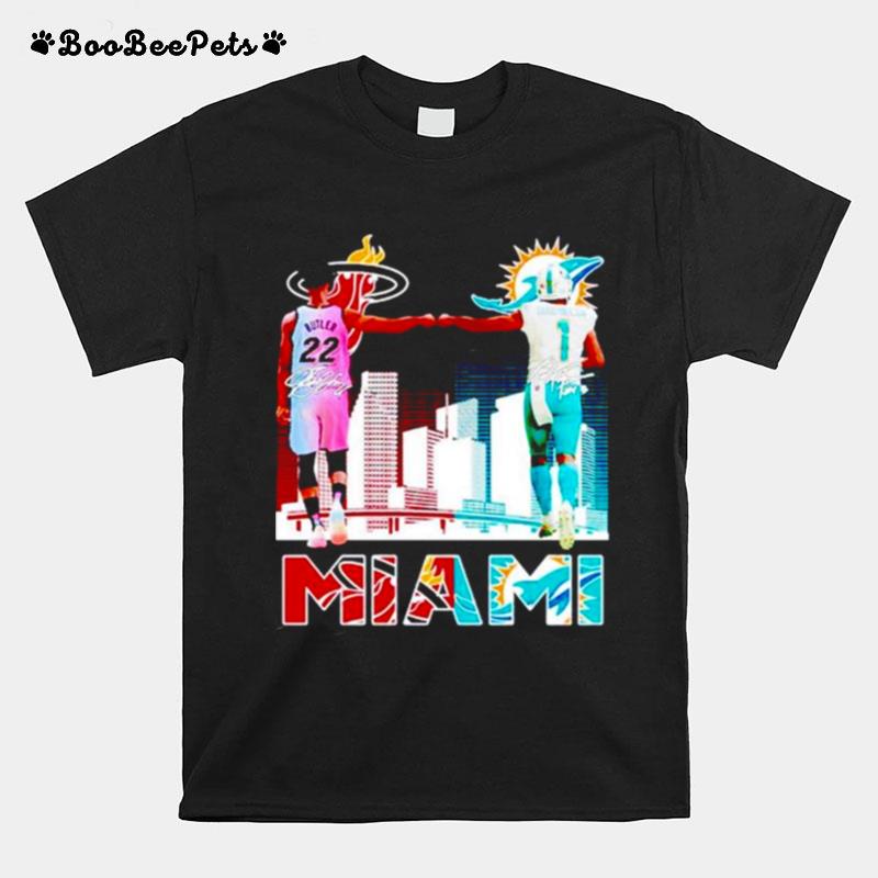 Miami Heat Butler And Jaylen Waddle Miami Dolphins Signatures T-Shirt