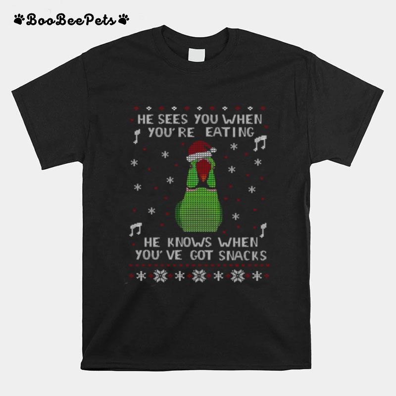 Parrot He Sees You When Youre Eating He Knows When Youve Got Snacks Ugly Christmas T-Shirt