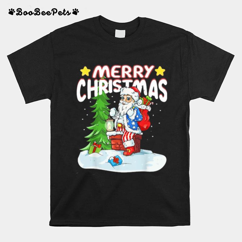 Patriotic American Flag Santa Claus Chimney Christmas T-Shirt