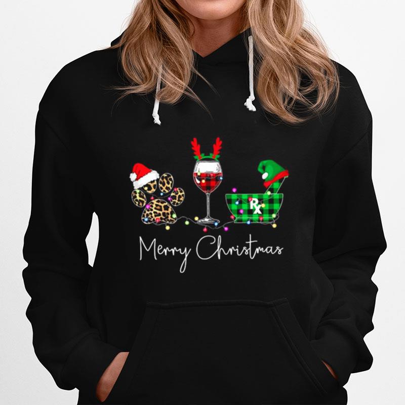 Paw Dog Wine Coffee Elf Merry Christmas Hoodie