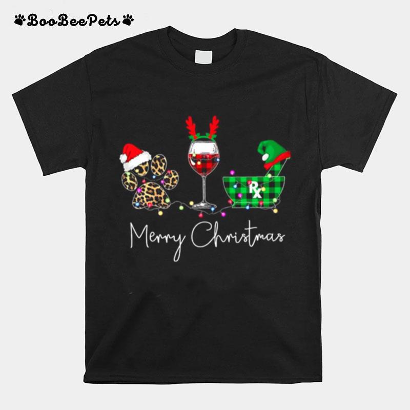 Paw Dog Wine Coffee Elf Merry Christmas T-Shirt